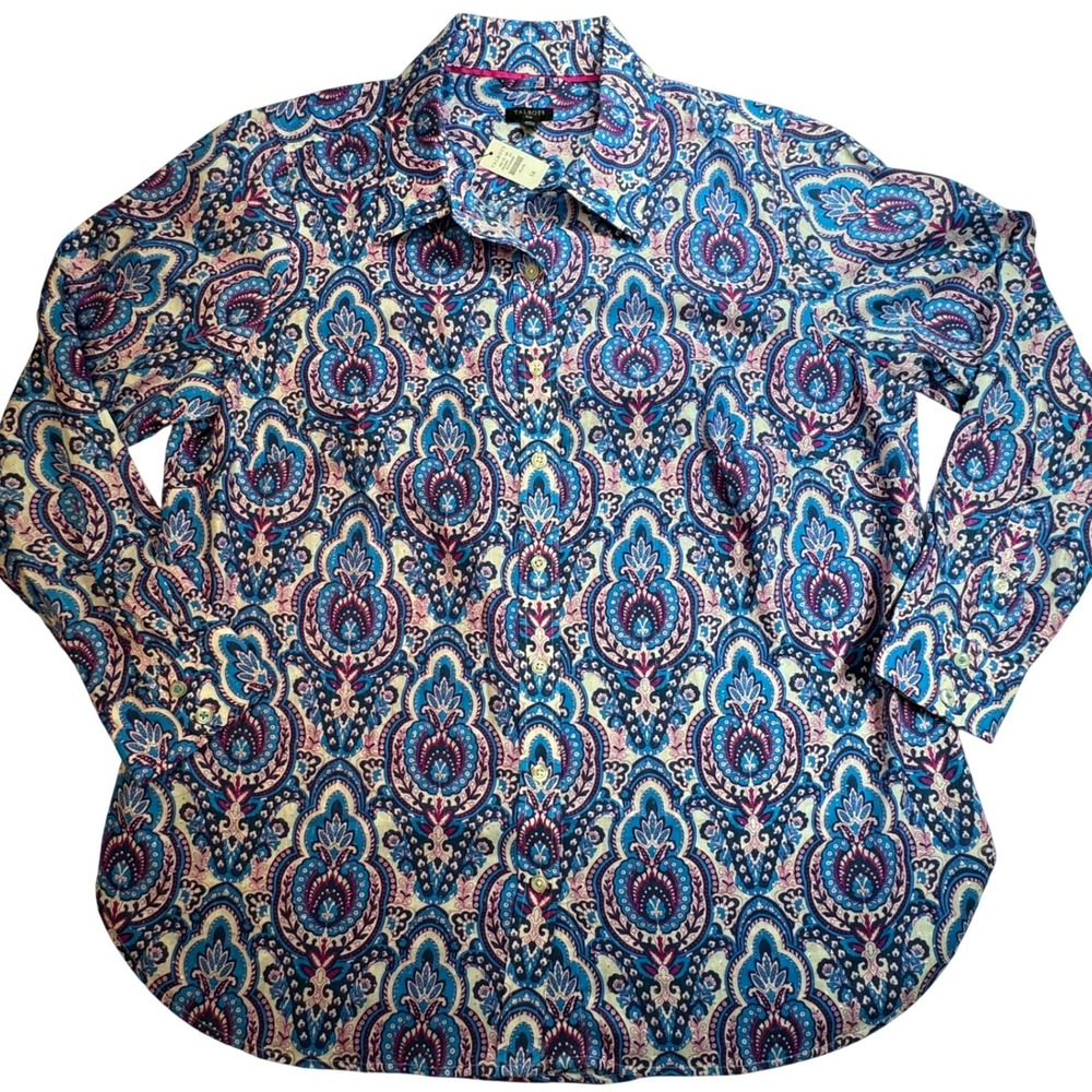 Talbots Plus 1X Paisley Metallic Button Down Shirt Blue Purple Long Sleeve NWT